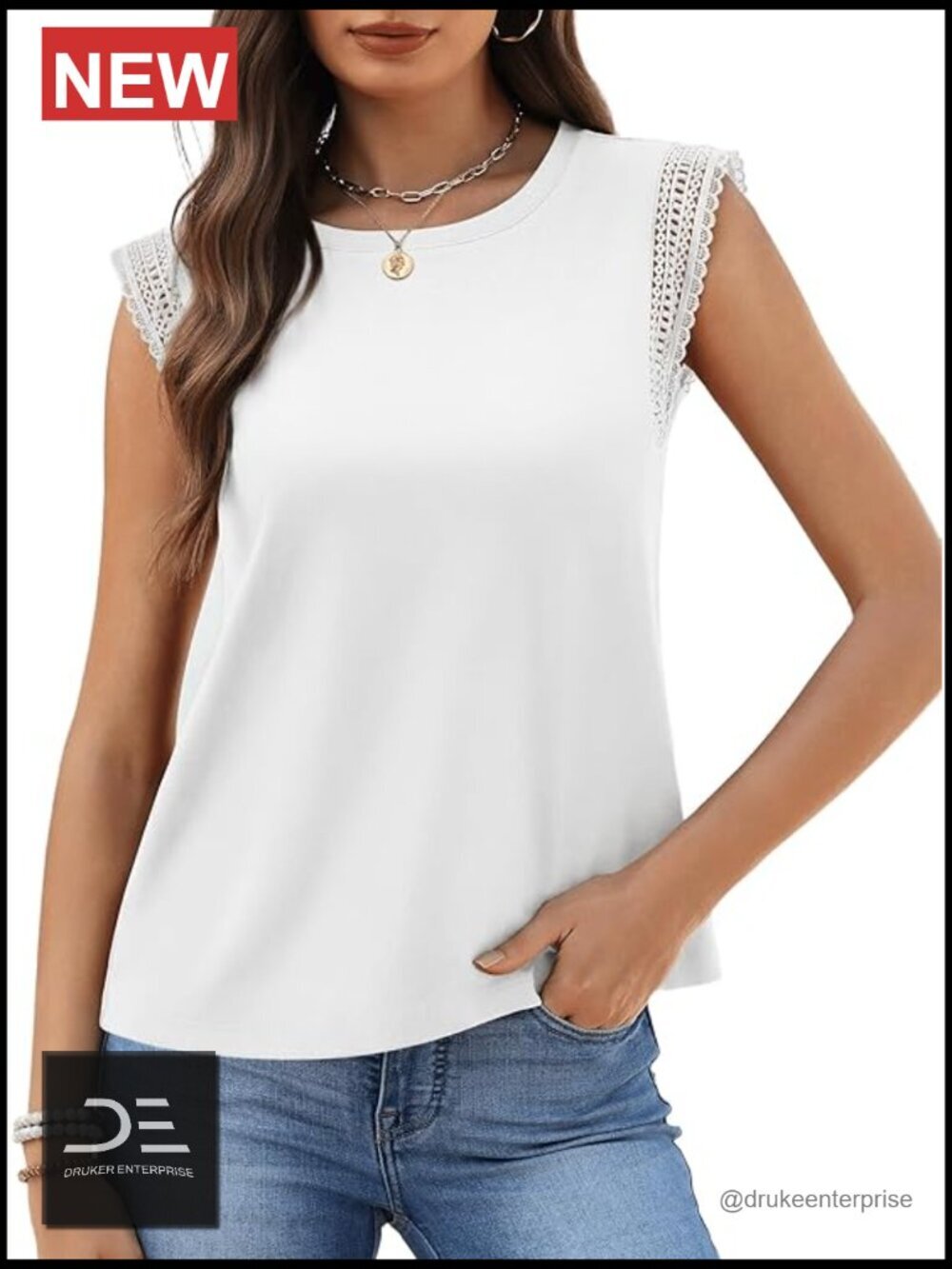 Sleeveless Crochet Trim Lace Tank Top Cotton Blend Loose Fit Summer T-Shirt